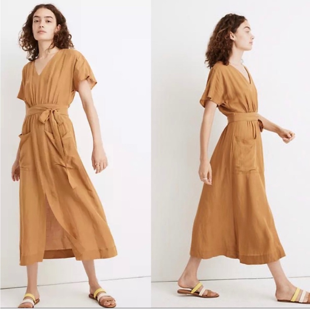 Madewell Linen Blend Toffee Tie Waist Dress 8